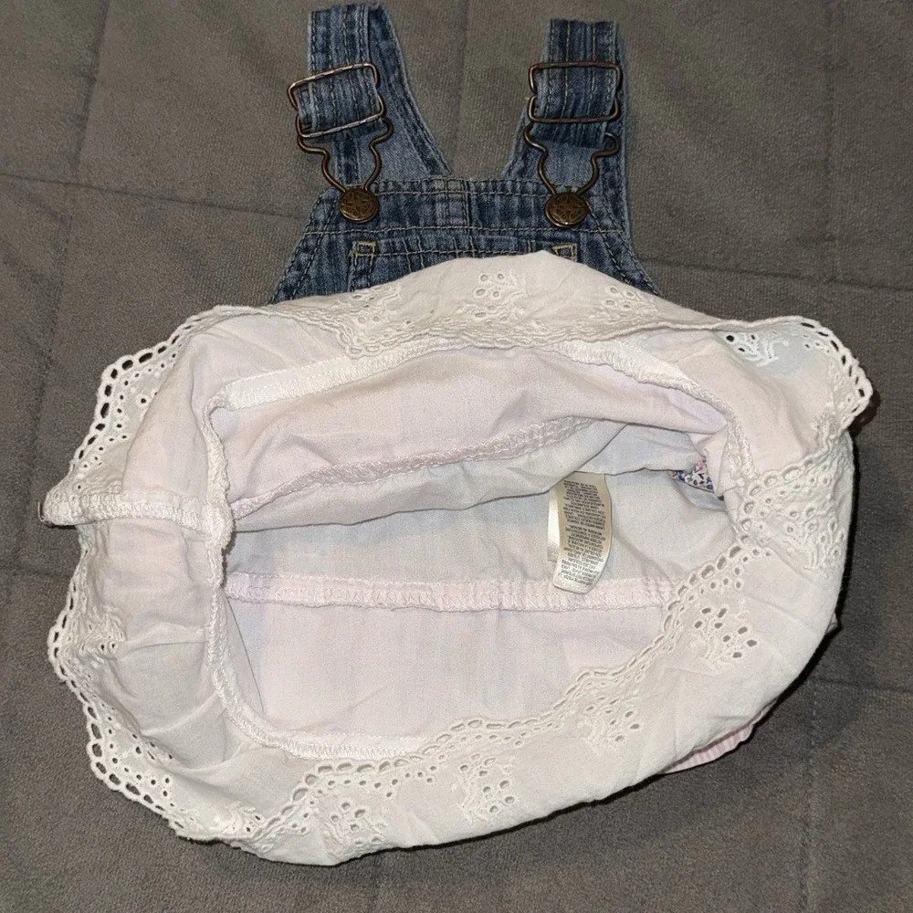 OshKosh B'Gosh Denim VestBak Overall Dress 6 Mon Ruffled Tiers Skirt Pink Floral